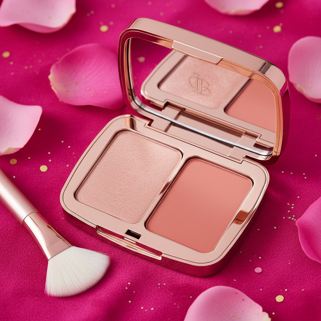 Highlighter and Blush Duo compact on pink background