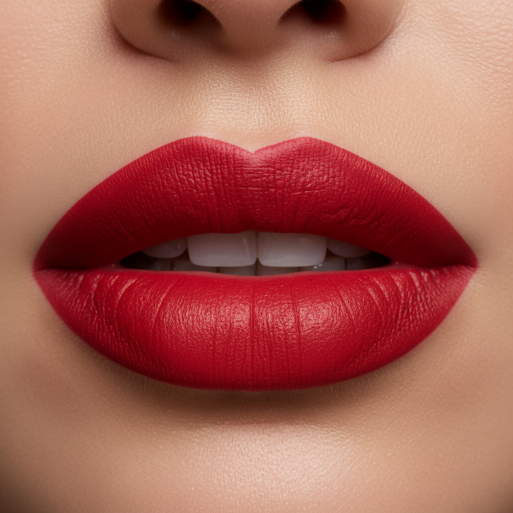 Bold red matte lips on pink background