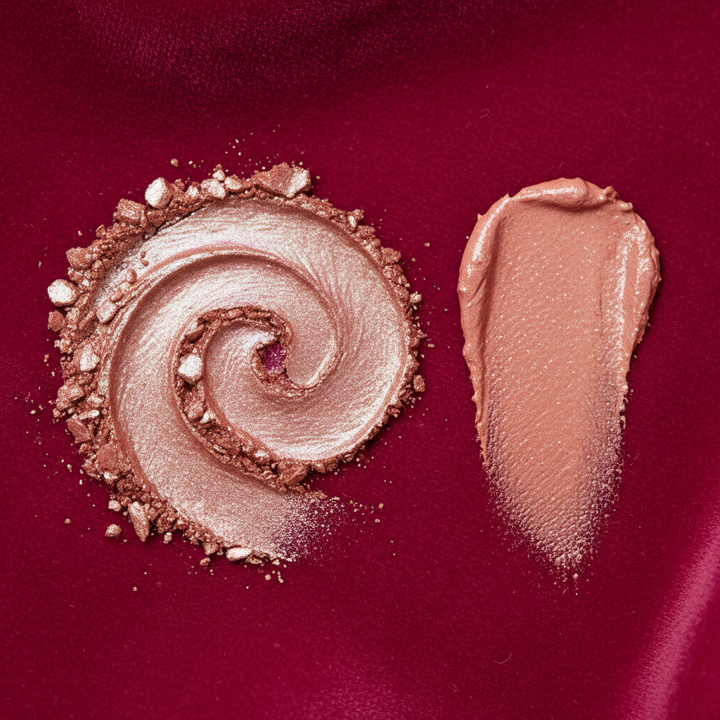 Highlighter and blush swatches on magenta background