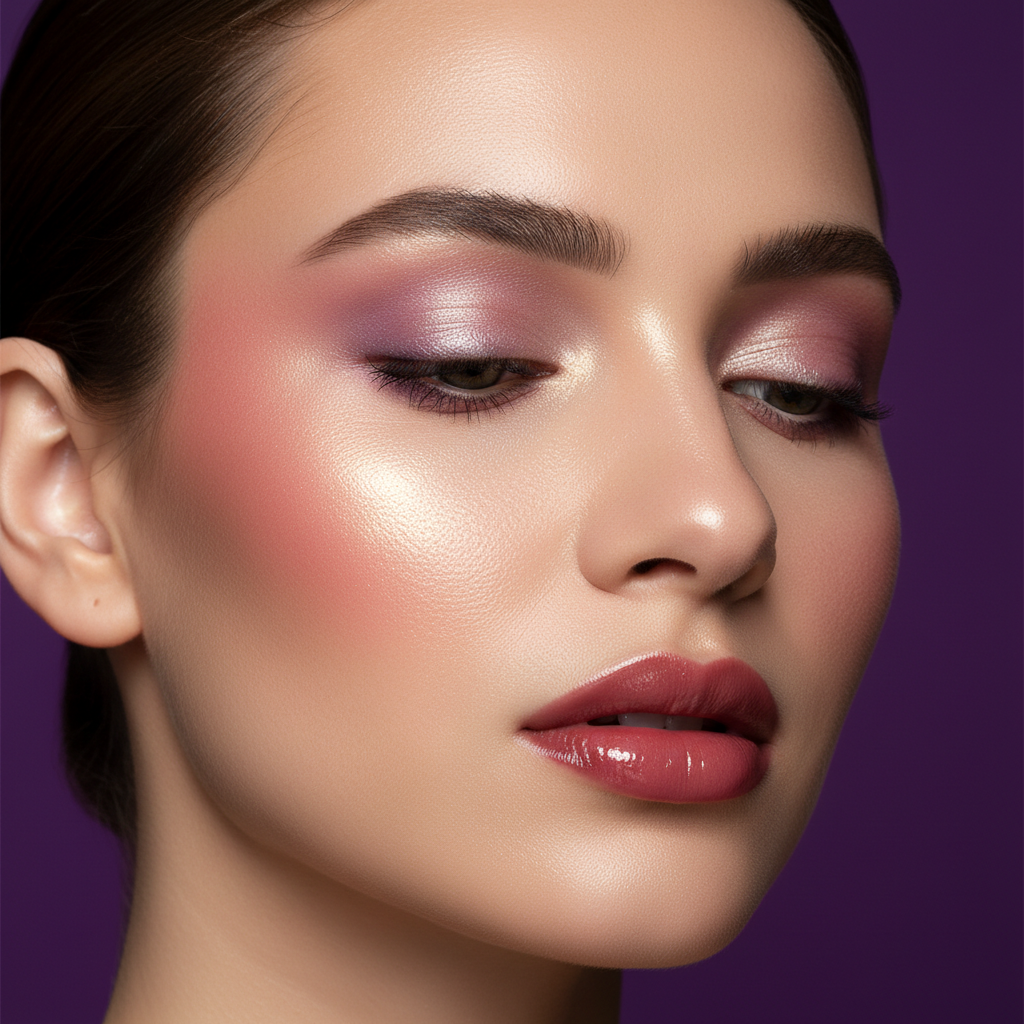 Glowing highlighted cheekbones on purple background