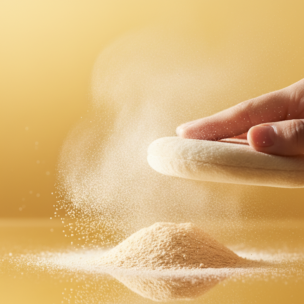 Powder puff with powder cloud on yellow background