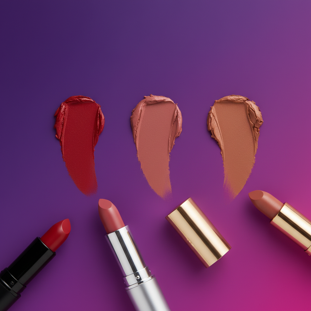 Lipstick swatches on purple background