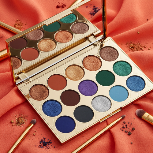 12-shade eyeshadow palette on coral background