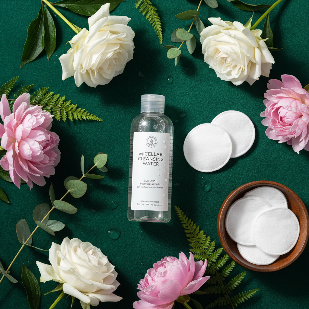 Micellar water bottle with flowers on green background