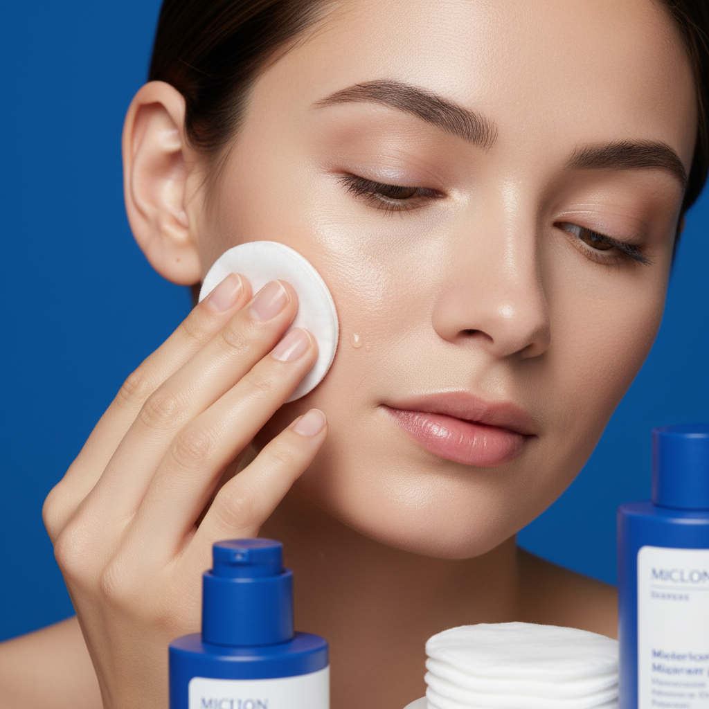 Makeup removal with cotton pad on blue background