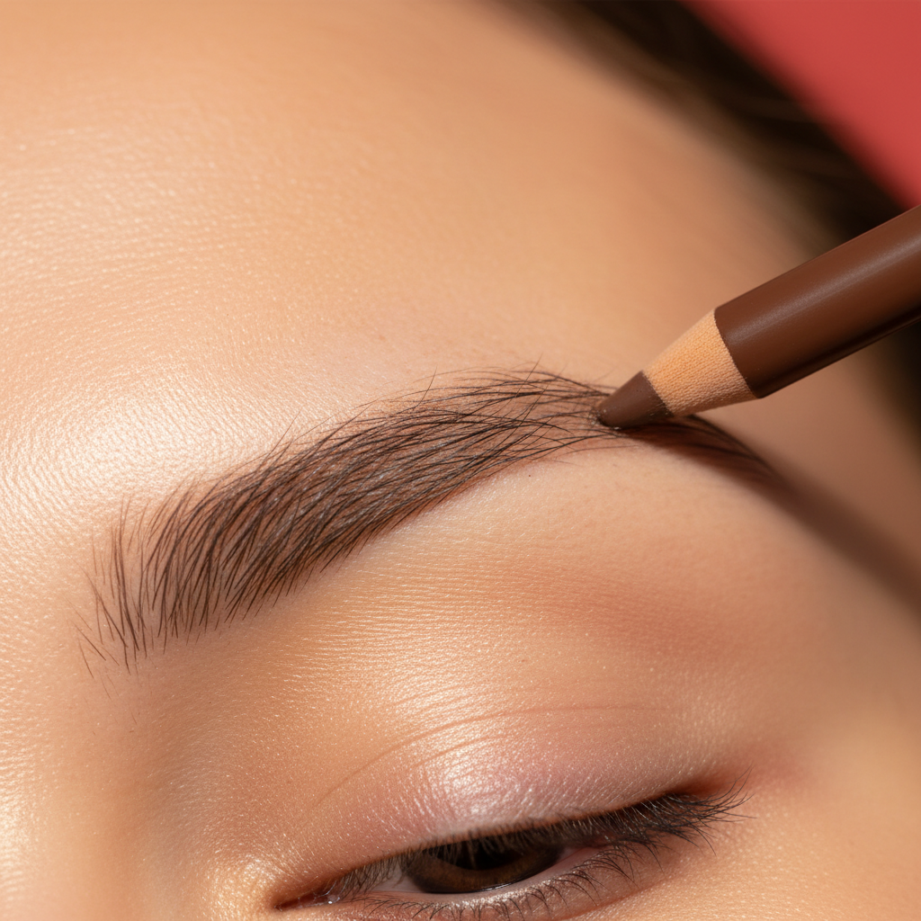 Brow pencil hair strokes on coral background